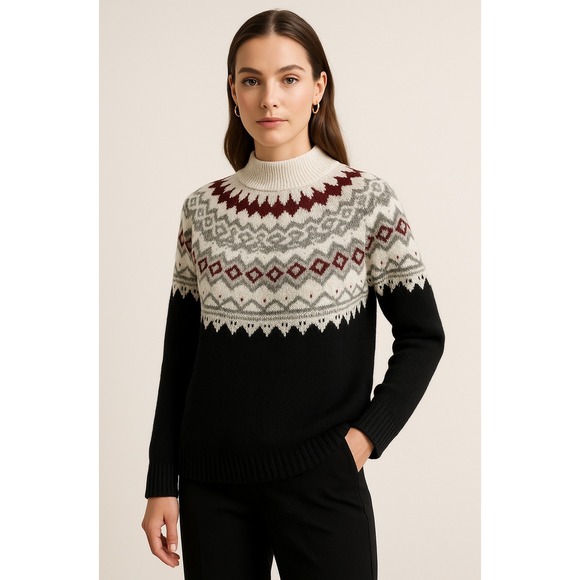 J. Jill Sweaters - J Jill Sweater Women Medium Petite Black‎ Ivory Fair Isle Nordic Knit Mock Neck